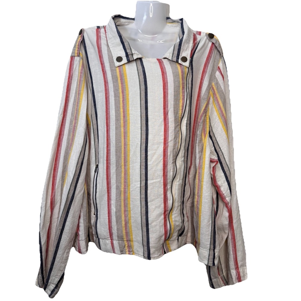 Chico Est 1946 Zippered Linen Blend Jacket‎ Spring Awake Size 26/2&w Stripes